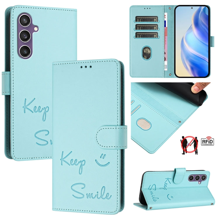 Smile Embossing RFID Leather Phone Case, For Samsung Galaxy S25 Ultra 5G, For Samsung Galaxy S24 FE 5G, For Samsung Galaxy S24 Ultra 5G, For Samsung Galaxy S24+ 5G, For Samsung Galaxy S24 5G, For Samsung Galaxy S23 FE 5G, For Samsung Galaxy S23 Ultra 5...