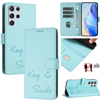 Smile Embossing RFID Leather Phone Case, For Samsung Galaxy S23 5G, For Samsung Galaxy S20 FE 2022 / 5G / 4G, For Samsung Galaxy S22 Ultra 5G, For Samsung Galaxy S22+ 5G, For Samsung Galaxy S22 5G, For Samsung Galaxy S21 FE 5G, For Samsung Galaxy S21 5...