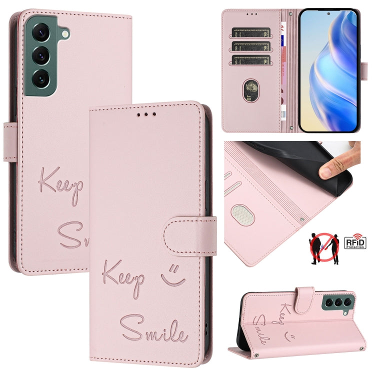 Smile Embossing RFID Leather Phone Case, For Samsung Galaxy S23 5G, For Samsung Galaxy S20 FE 2022 / 5G / 4G, For Samsung Galaxy S22 Ultra 5G, For Samsung Galaxy S22+ 5G, For Samsung Galaxy S22 5G, For Samsung Galaxy S21 FE 5G, For Samsung Galaxy S21 5...