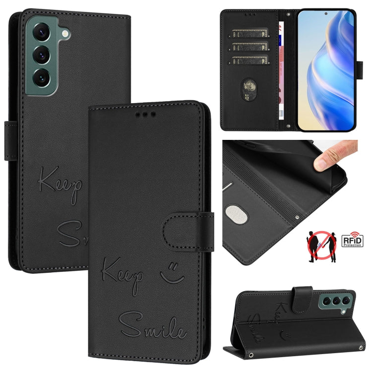 Smile Embossing RFID Leather Phone Case, For Samsung Galaxy S23 5G, For Samsung Galaxy S20 FE 2022 / 5G / 4G, For Samsung Galaxy S22 Ultra 5G, For Samsung Galaxy S22+ 5G, For Samsung Galaxy S22 5G, For Samsung Galaxy S21 FE 5G, For Samsung Galaxy S21 5...