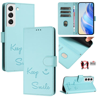 Smile Embossing RFID Leather Phone Case, For Samsung Galaxy S23 5G, For Samsung Galaxy S20 FE 2022 / 5G / 4G, For Samsung Galaxy S22 Ultra 5G, For Samsung Galaxy S22+ 5G, For Samsung Galaxy S22 5G, For Samsung Galaxy S21 FE 5G, For Samsung Galaxy S21 5...