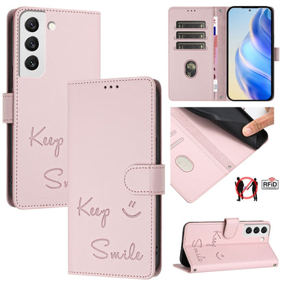 Smile Embossing RFID Leather Phone Case, For Samsung Galaxy S23 5G, For Samsung Galaxy S20 FE 2022 / 5G / 4G, For Samsung Galaxy S22 Ultra 5G, For Samsung Galaxy S22+ 5G, For Samsung Galaxy S22 5G, For Samsung Galaxy S21 FE 5G, For Samsung Galaxy S21 5...
