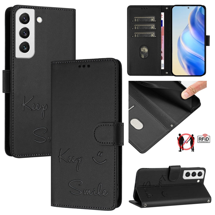 Smile Embossing RFID Leather Phone Case, For Samsung Galaxy S23 5G, For Samsung Galaxy S20 FE 2022 / 5G / 4G, For Samsung Galaxy S22 Ultra 5G, For Samsung Galaxy S22+ 5G, For Samsung Galaxy S22 5G, For Samsung Galaxy S21 FE 5G, For Samsung Galaxy S21 5...