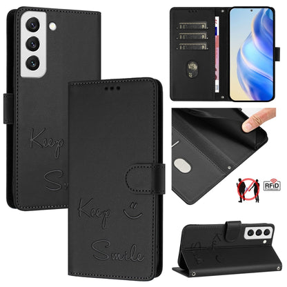 Smile Embossing RFID Leather Phone Case, For Samsung Galaxy S23 5G, For Samsung Galaxy S20 FE 2022 / 5G / 4G, For Samsung Galaxy S22 Ultra 5G, For Samsung Galaxy S22+ 5G, For Samsung Galaxy S22 5G, For Samsung Galaxy S21 FE 5G, For Samsung Galaxy S21 5...