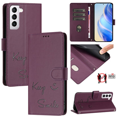 Smile Embossing RFID Leather Phone Case, For Samsung Galaxy S23 5G, For Samsung Galaxy S20 FE 2022 / 5G / 4G, For Samsung Galaxy S22 Ultra 5G, For Samsung Galaxy S22+ 5G, For Samsung Galaxy S22 5G, For Samsung Galaxy S21 FE 5G, For Samsung Galaxy S21 5...