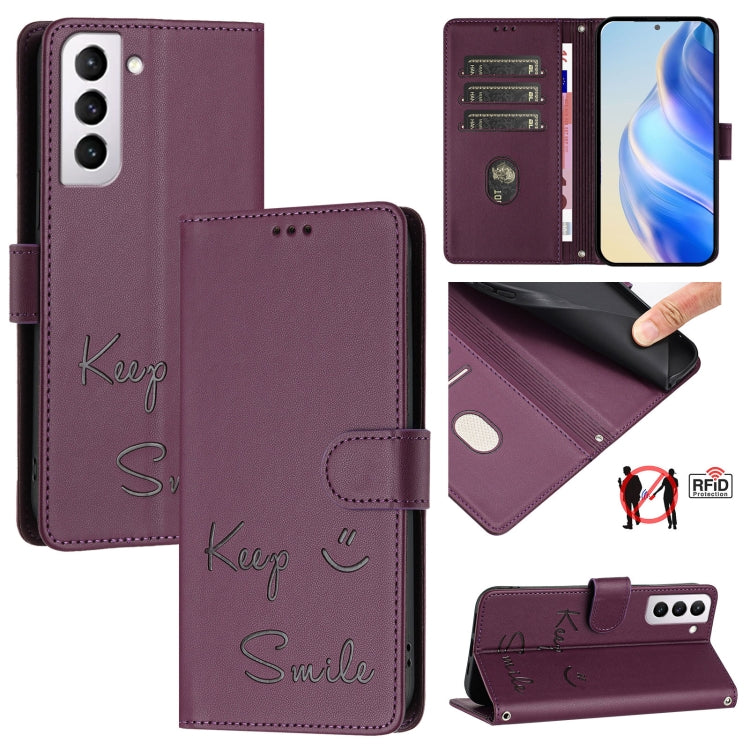 Smile Embossing RFID Leather Phone Case, For Samsung Galaxy S23 5G, For Samsung Galaxy S20 FE 2022 / 5G / 4G, For Samsung Galaxy S22 Ultra 5G, For Samsung Galaxy S22+ 5G, For Samsung Galaxy S22 5G, For Samsung Galaxy S21 FE 5G, For Samsung Galaxy S21 5...