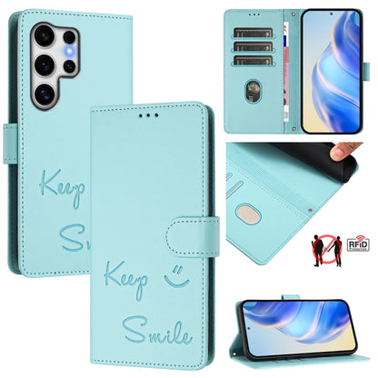 Smile Embossing RFID Leather Phone Case, For Samsung Galaxy S25 Ultra 5G, For Samsung Galaxy S24 FE 5G, For Samsung Galaxy S24 Ultra 5G, For Samsung Galaxy S24+ 5G, For Samsung Galaxy S24 5G, For Samsung Galaxy S23 FE 5G, For Samsung Galaxy S23 Ultra 5...