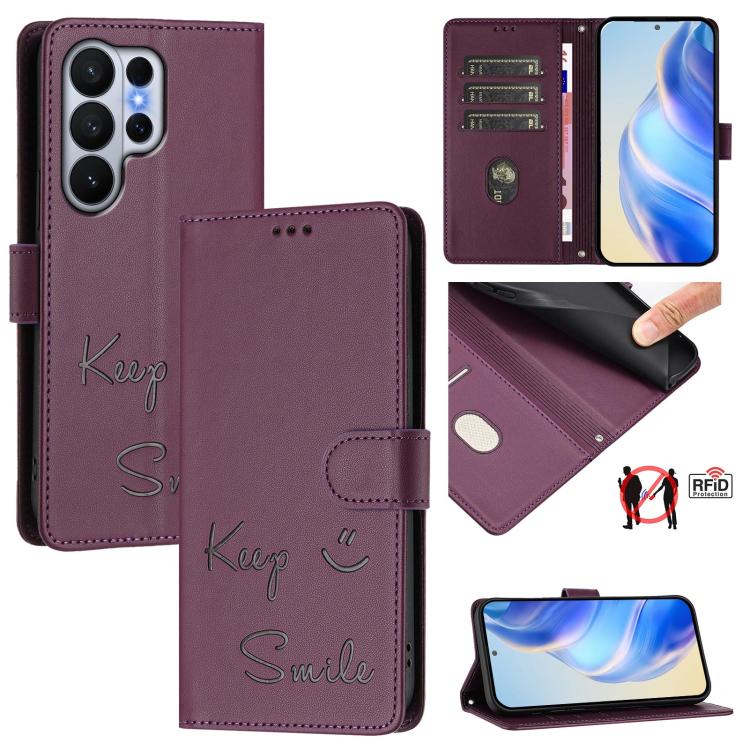 Smile Embossing RFID Leather Phone Case, For Galaxy S26 FE 5G 5G, For Samsung Galaxy S26+ 5G, For Samsung Galaxy S26 Edge 5G, For Samsung Galaxy S26 Ultra 5G, For Samsung Galaxy S26 5G, For Samsung Galaxy S25 Edge 5G, For Samsung Galaxy S25 5G         ...