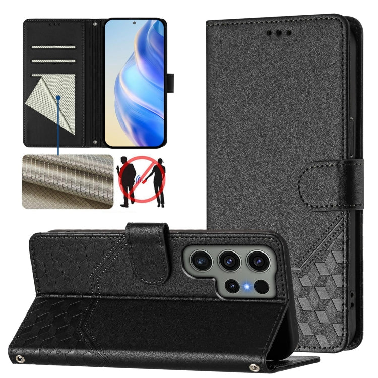 Honeycomb Embossing RFID Leather Phone Case, For Samsung Galaxy S25 Ultra 5G, For Samsung Galaxy S24 FE 5G, For Samsung Galaxy S24 Ultra 5G, For Samsung Galaxy S24+ 5G, For Samsung Galaxy S24 5G, For Samsung Galaxy S23 FE 5G                            ...