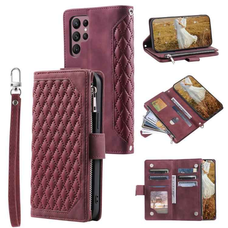 Grid Texture Zipper Leather Phone Case with Lanyard, For Samsung Galaxy S26+ 5G, For Samsung Galaxy S26 Ultra 5G, For Samsung Galaxy S26 5G, For Samsung Galaxy S25 FE 5G, For Samsung Galaxy S25 5G, For Samsung Galaxy S25+ 5G                            ...