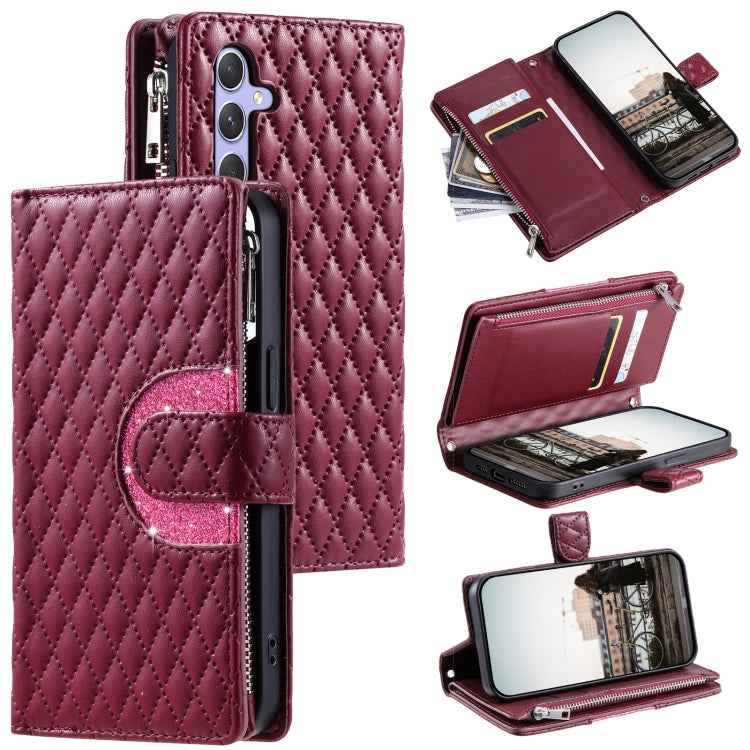 Glitter Lattice Zipper Wallet Leather Phone Case, For Samsung Galaxy S26+ 5G, For Samsung Galaxy S26 Ultra 5G, For Samsung Galaxy S26 5G, For Samsung Galaxy S25 FE 5G, For Samsung Galaxy S25 Edge 5G, For Samsung Galaxy S25 5G, For Samsung Galaxy S25+ 5...