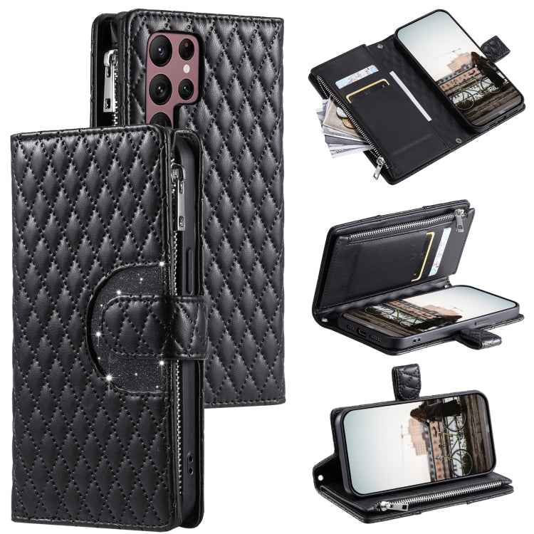 Glitter Lattice Zipper Wallet Leather Phone Case, For Samsung Galaxy S26+ 5G, For Samsung Galaxy S26 Ultra 5G, For Samsung Galaxy S26 5G, For Samsung Galaxy S25 FE 5G, For Samsung Galaxy S25 Edge 5G, For Samsung Galaxy S25 5G, For Samsung Galaxy S25+ 5...
