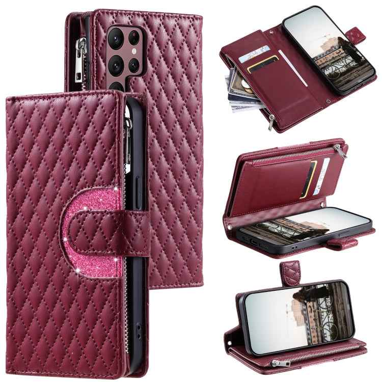 Glitter Lattice Zipper Wallet Leather Phone Case, For Samsung Galaxy S26+ 5G, For Samsung Galaxy S26 Ultra 5G, For Samsung Galaxy S26 5G, For Samsung Galaxy S25 FE 5G, For Samsung Galaxy S25 Edge 5G, For Samsung Galaxy S25 5G, For Samsung Galaxy S25+ 5...