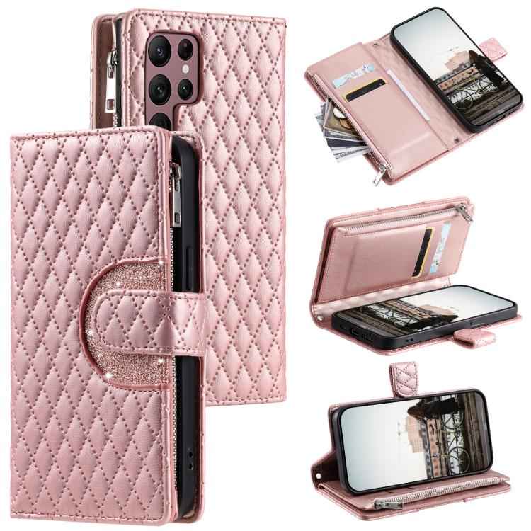 Glitter Lattice Zipper Wallet Leather Phone Case, For Samsung Galaxy S26+ 5G, For Samsung Galaxy S26 Ultra 5G, For Samsung Galaxy S26 5G, For Samsung Galaxy S25 FE 5G, For Samsung Galaxy S25 Edge 5G, For Samsung Galaxy S25 5G, For Samsung Galaxy S25+ 5...