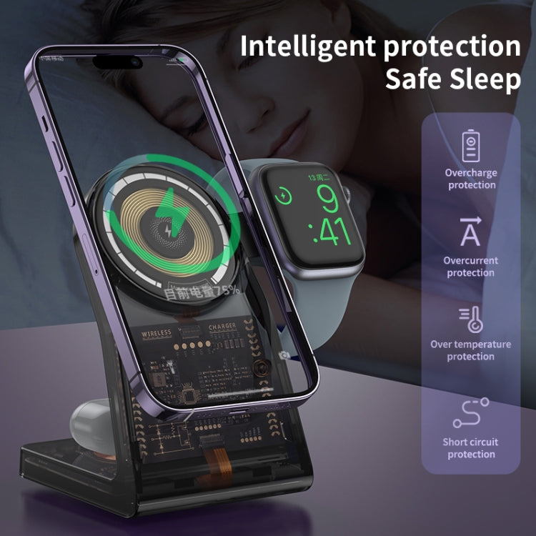 LFX-198 15W Transparent MagSafe Wireless Charging Stand with Removable Watch Charger