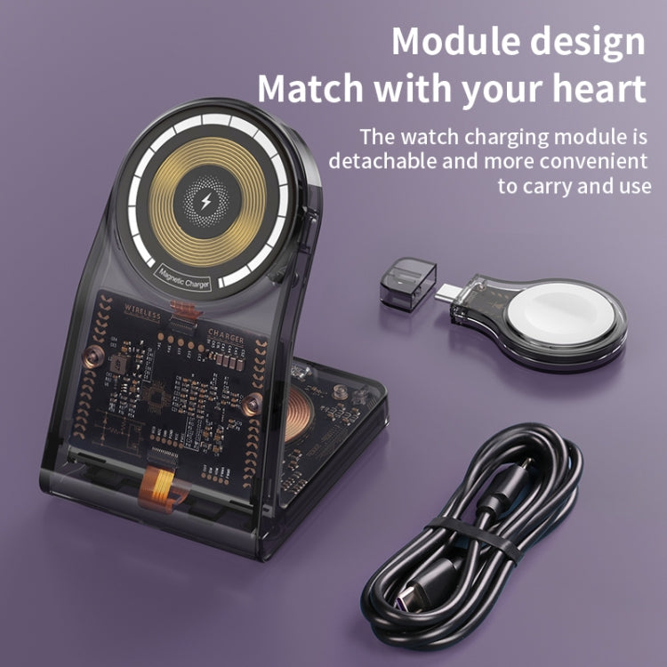 LFX-198 15W Transparent MagSafe Wireless Charging Stand with Removable Watch Charger