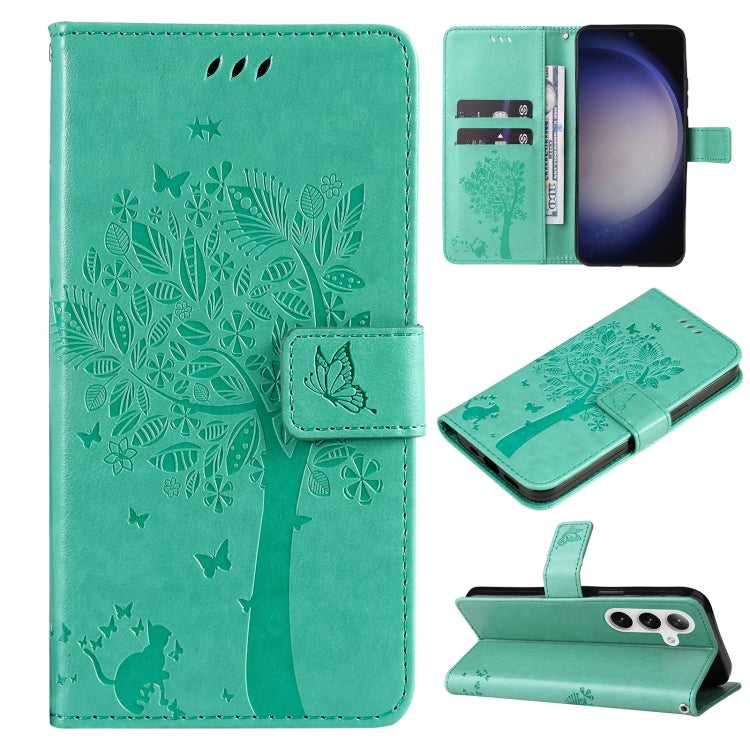 Tree & Cat Embossed Pattern Flip Leather Phone Case, For Galaxy S26 5G, For Galaxy S25 FE 5G, For Galaxy S25 / S24 5G, For Galaxy S25+ / S24+ 5G