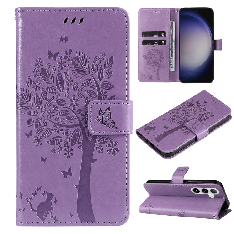 Tree & Cat Embossed Pattern Flip Leather Phone Case, For Galaxy S26 5G, For Galaxy S25 FE 5G, For Galaxy S25 / S24 5G, For Galaxy S25+ / S24+ 5G