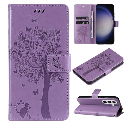 Tree & Cat Embossed Pattern Flip Leather Phone Case, For Galaxy S26 5G, For Galaxy S25 FE 5G, For Galaxy S25 / S24 5G, For Galaxy S25+ / S24+ 5G