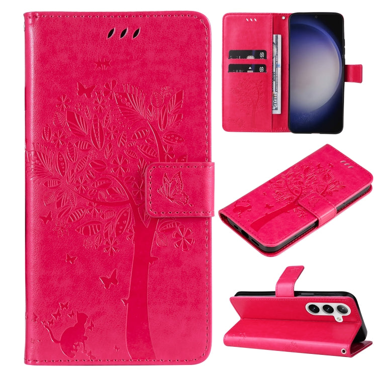 Tree & Cat Embossed Pattern Flip Leather Phone Case, For Galaxy S26 5G, For Galaxy S25 FE 5G, For Galaxy S25 / S24 5G, For Galaxy S25+ / S24+ 5G