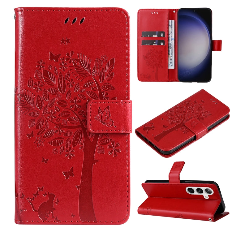 Tree & Cat Embossed Pattern Flip Leather Phone Case, For Galaxy S26 5G, For Galaxy S25 FE 5G, For Galaxy S25 / S24 5G, For Galaxy S25+ / S24+ 5G