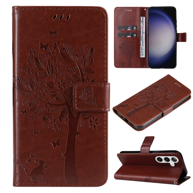 Tree & Cat Embossed Pattern Flip Leather Phone Case, For Galaxy S26 5G, For Galaxy S25 FE 5G, For Galaxy S25 / S24 5G, For Galaxy S25+ / S24+ 5G