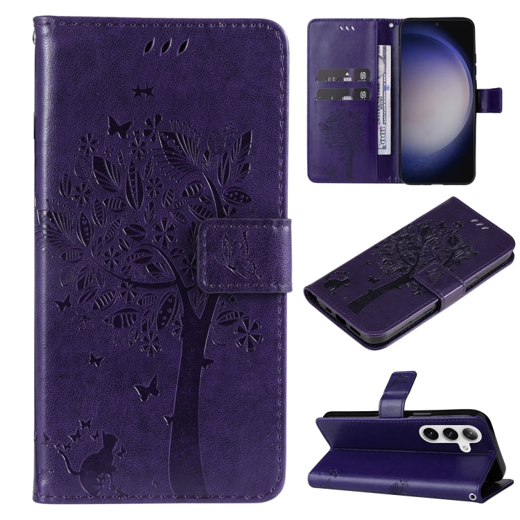 Tree & Cat Embossed Pattern Flip Leather Phone Case, For Galaxy S26 5G, For Galaxy S25 FE 5G, For Galaxy S25 / S24 5G, For Galaxy S25+ / S24+ 5G