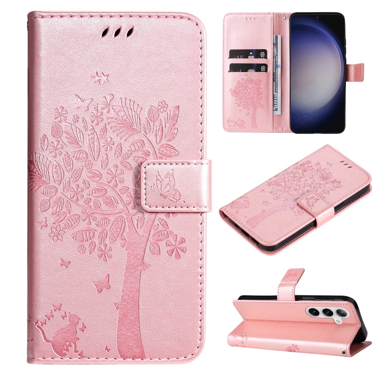 Tree & Cat Embossed Pattern Flip Leather Phone Case, For Galaxy S26 5G, For Galaxy S25 FE 5G, For Galaxy S25 / S24 5G, For Galaxy S25+ / S24+ 5G