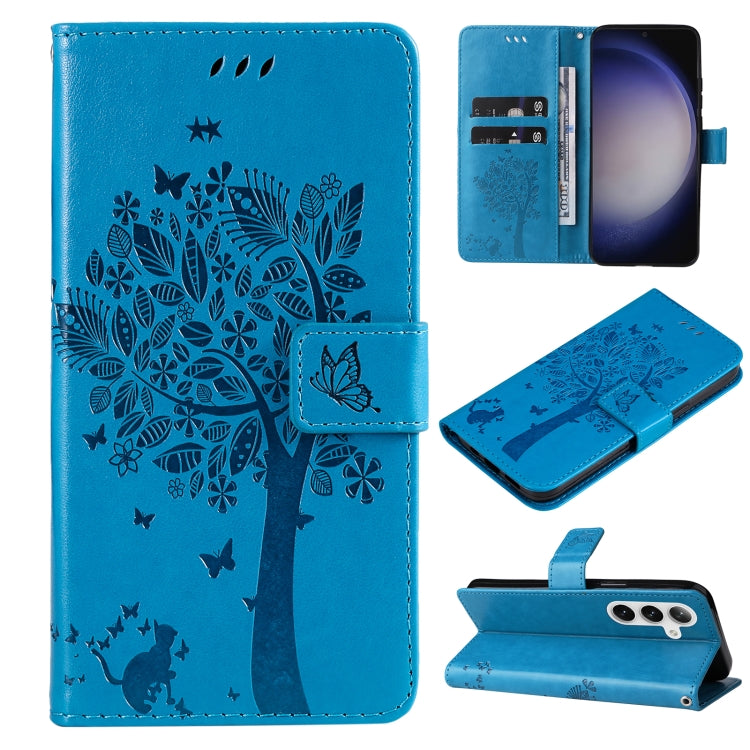 Tree & Cat Embossed Pattern Flip Leather Phone Case, For Galaxy S26 5G, For Galaxy S25 FE 5G, For Galaxy S25 / S24 5G, For Galaxy S25+ / S24+ 5G