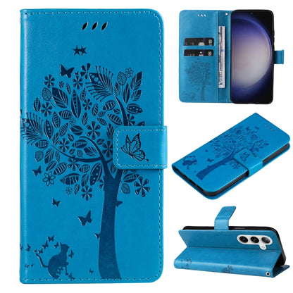 Tree & Cat Embossed Pattern Flip Leather Phone Case, For Galaxy S26 5G, For Galaxy S25 FE 5G, For Galaxy S25 / S24 5G, For Galaxy S25+ / S24+ 5G