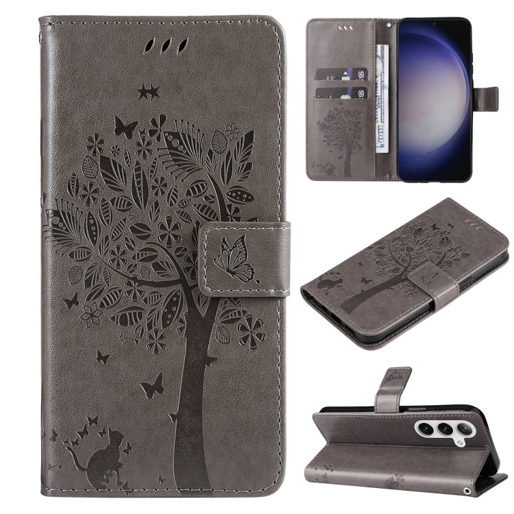 Tree & Cat Embossed Pattern Flip Leather Phone Case, For Galaxy S26 5G, For Galaxy S25 FE 5G, For Galaxy S25 / S24 5G, For Galaxy S25+ / S24+ 5G