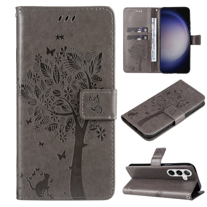 Tree & Cat Embossed Pattern Flip Leather Phone Case, For Galaxy S26 5G, For Galaxy S25 FE 5G, For Galaxy S25 / S24 5G, For Galaxy S25+ / S24+ 5G