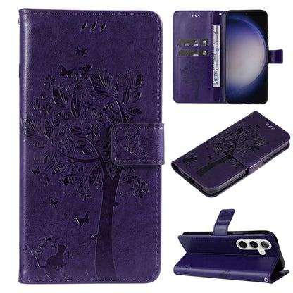 Tree & Cat Embossed Pattern Flip Leather Phone Case, For Galaxy S26 5G, For Galaxy S25 FE 5G, For Galaxy S25 / S24 5G, For Galaxy S25+ / S24+ 5G