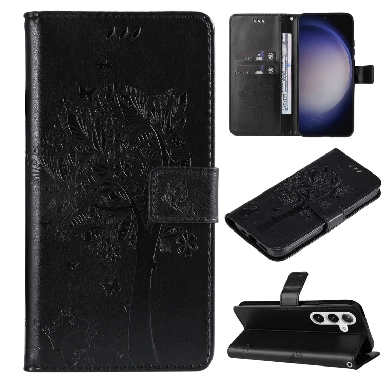 Tree & Cat Embossed Pattern Flip Leather Phone Case, For Galaxy S26 5G, For Galaxy S25 FE 5G, For Galaxy S25 / S24 5G, For Galaxy S25+ / S24+ 5G
