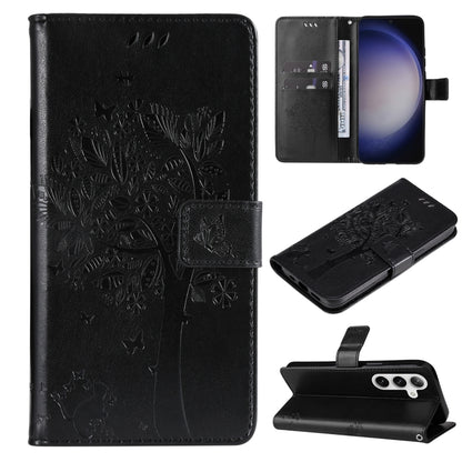 Tree & Cat Embossed Pattern Flip Leather Phone Case, For Galaxy S26 5G, For Galaxy S25 FE 5G, For Galaxy S25 / S24 5G, For Galaxy S25+ / S24+ 5G