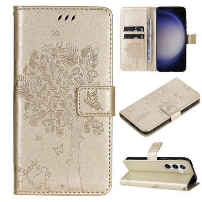Tree & Cat Embossed Pattern Flip Leather Phone Case, For Galaxy S26 5G, For Galaxy S25 FE 5G, For Galaxy S25 / S24 5G, For Galaxy S25+ / S24+ 5G