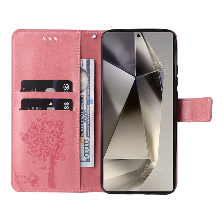 Tree & Cat Embossed Pattern Flip Leather Phone Case, For Galaxy S25 Ultra 5G