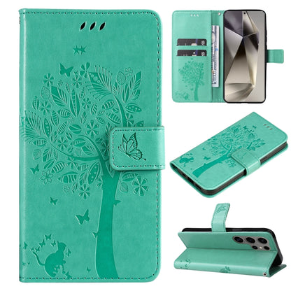 Tree & Cat Embossed Pattern Flip Leather Phone Case, For Galaxy S25 Ultra 5G