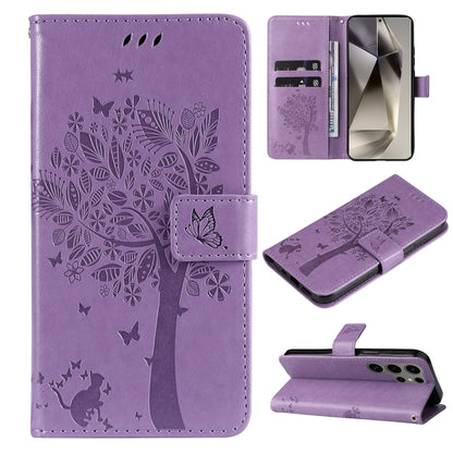 Tree & Cat Embossed Pattern Flip Leather Phone Case, For Galaxy S25 Ultra 5G