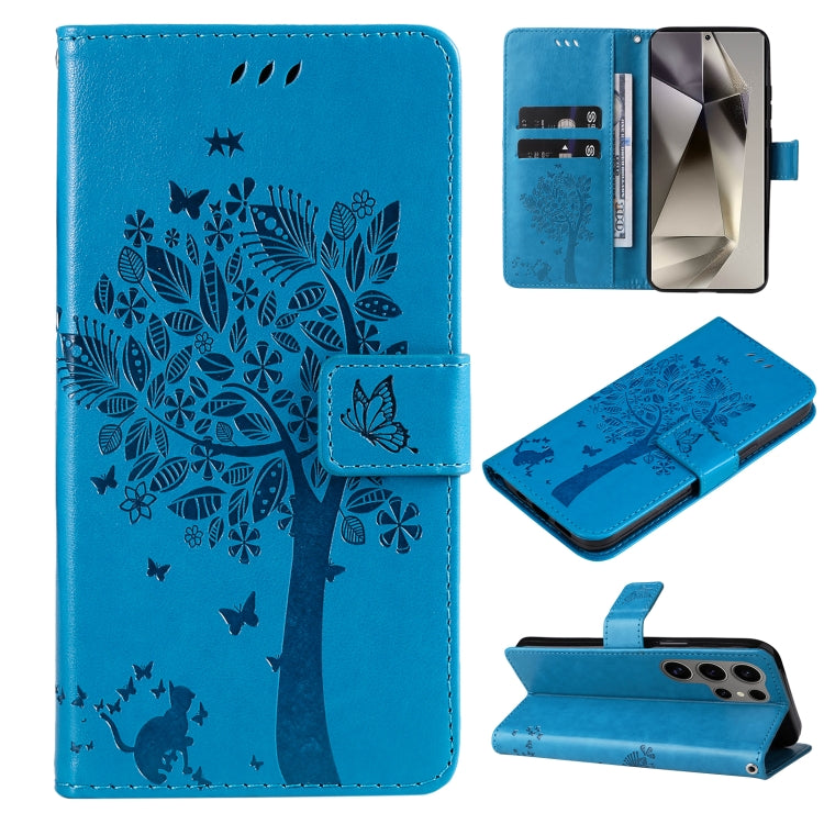 Tree & Cat Embossed Pattern Flip Leather Phone Case, For Galaxy S25 Ultra 5G