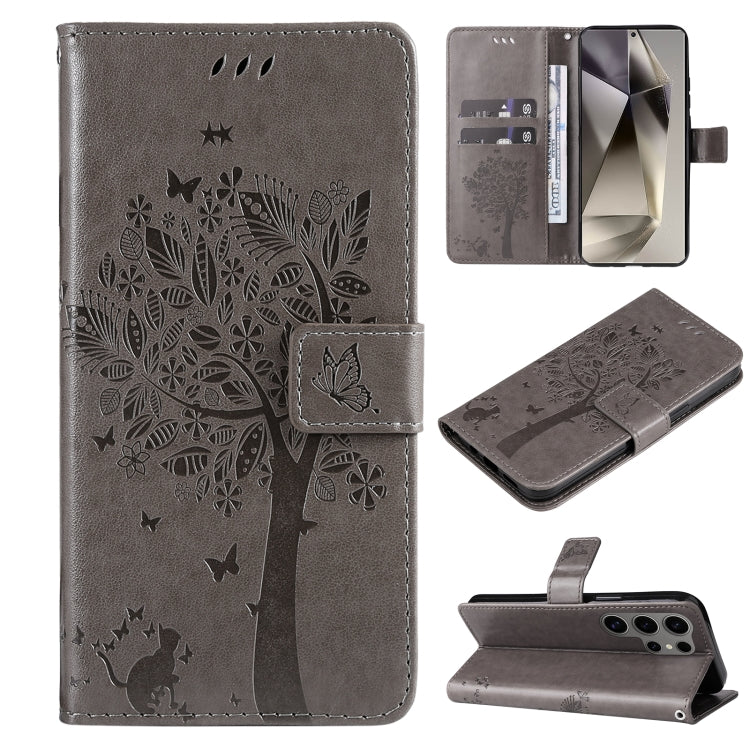 Tree & Cat Embossed Pattern Flip Leather Phone Case, For Galaxy S25 Ultra 5G