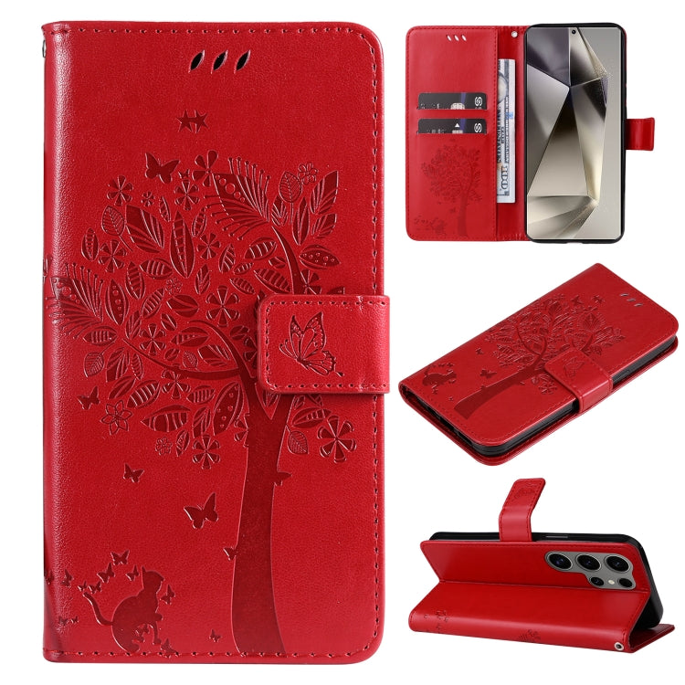 Tree & Cat Embossed Pattern Flip Leather Phone Case, For Galaxy S25 Ultra 5G