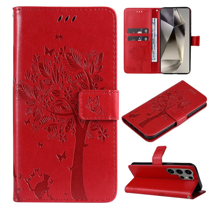 Tree & Cat Embossed Pattern Flip Leather Phone Case, For Galaxy S25 Ultra 5G