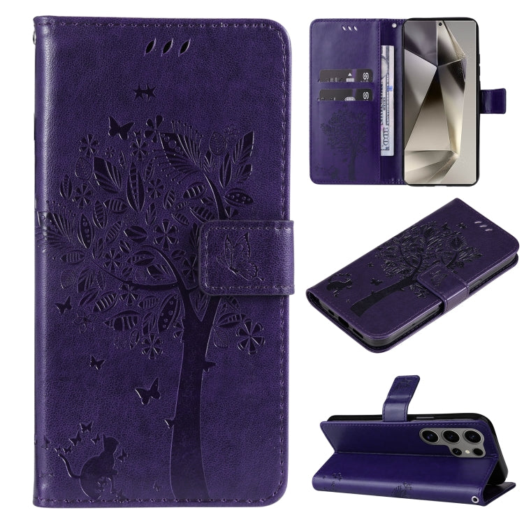 Tree & Cat Embossed Pattern Flip Leather Phone Case, For Galaxy S25 Ultra 5G