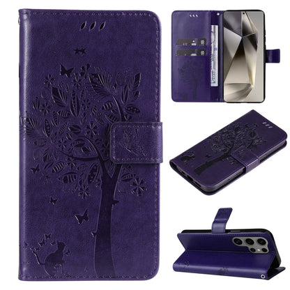 Tree & Cat Embossed Pattern Flip Leather Phone Case, For Galaxy S25 Ultra 5G