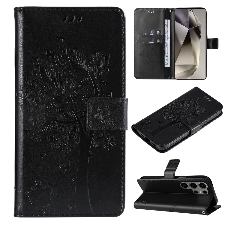 Tree & Cat Embossed Pattern Flip Leather Phone Case, For Galaxy S25 Ultra 5G