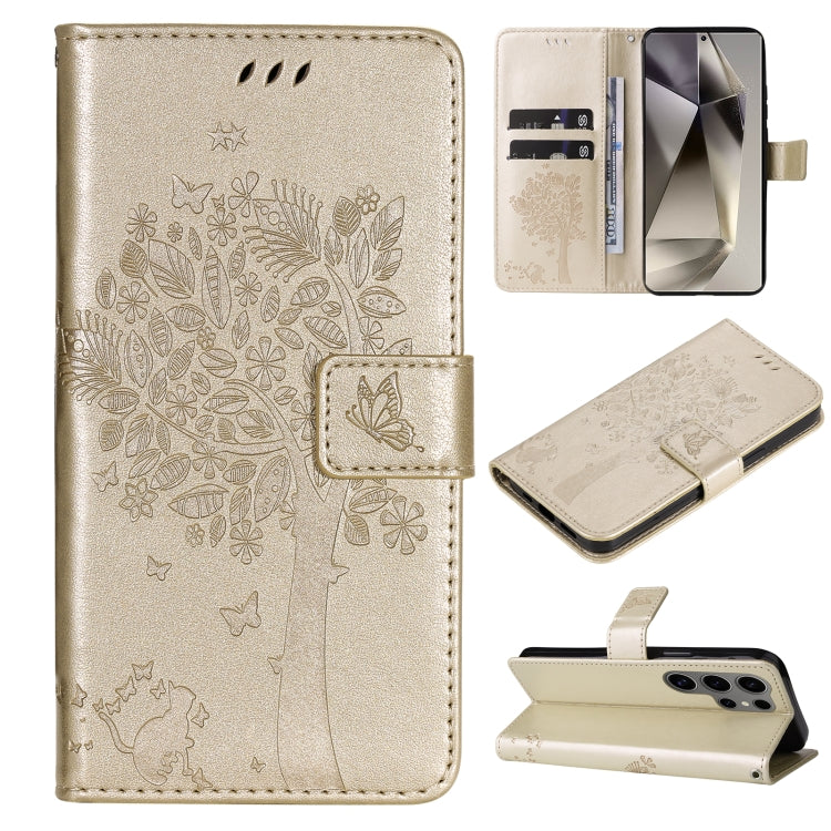 Tree & Cat Embossed Pattern Flip Leather Phone Case, For Galaxy S25 Ultra 5G