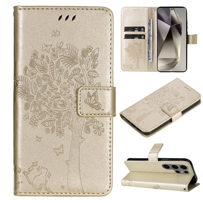 Tree & Cat Embossed Pattern Flip Leather Phone Case, For Galaxy S25 Ultra 5G
