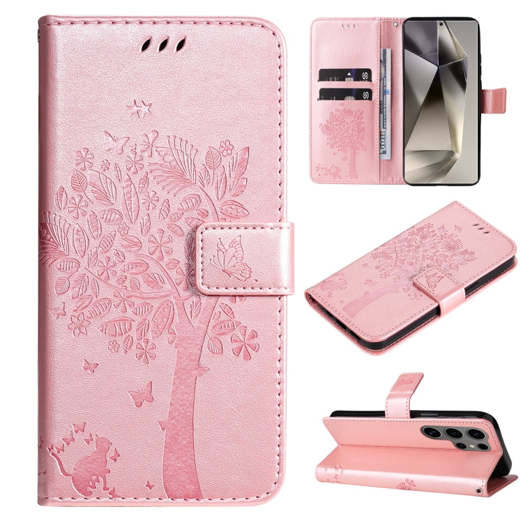 Tree & Cat Embossed Pattern Flip Leather Phone Case, For Galaxy S25 Ultra 5G