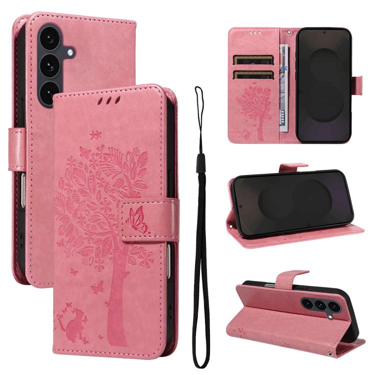 Tree & Cat Embossed Pattern Flip Leather Phone Case, For Galaxy S26 5G, For Galaxy S25 FE 5G, For Galaxy S25 / S24 5G, For Galaxy S25+ / S24+ 5G